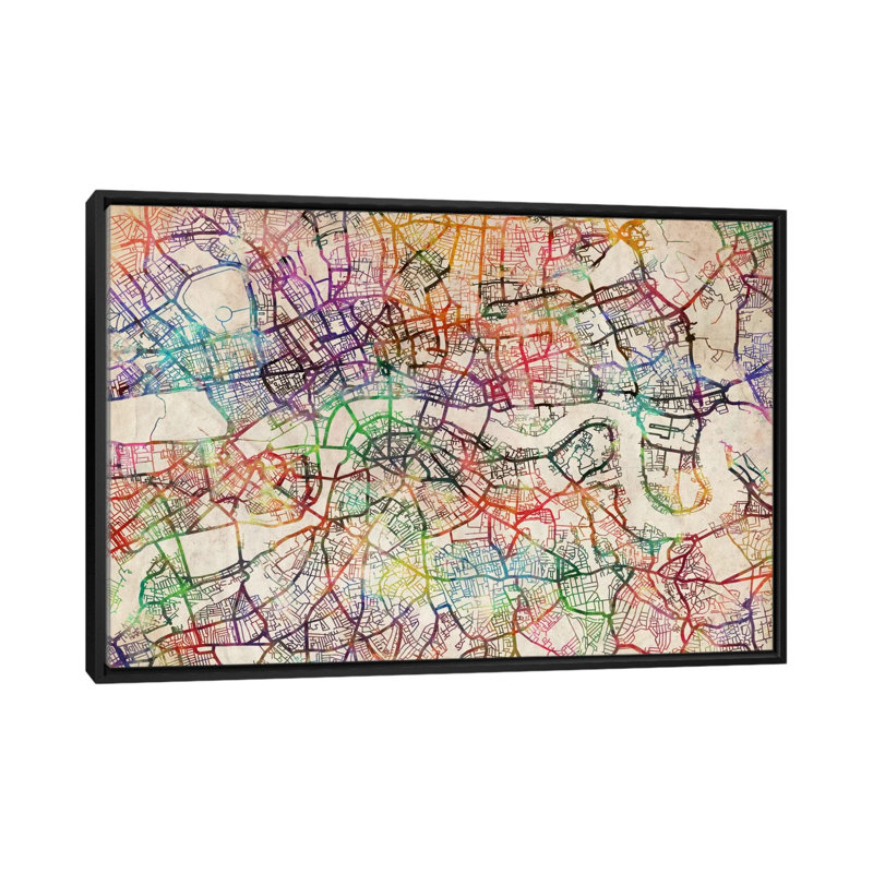 «London Map Watercolor» par Michael Tompsett, reproduction sur toile tendue, H 18 po x l 26 po x P 1,5 po, Pas de tapis