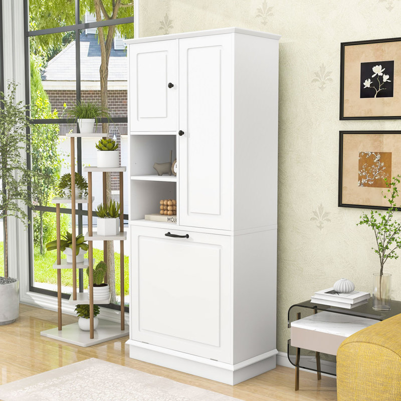 Armoire de rangement haute en bois avec panier rabattable, tablettes réglables et armoires fermées, Blanc