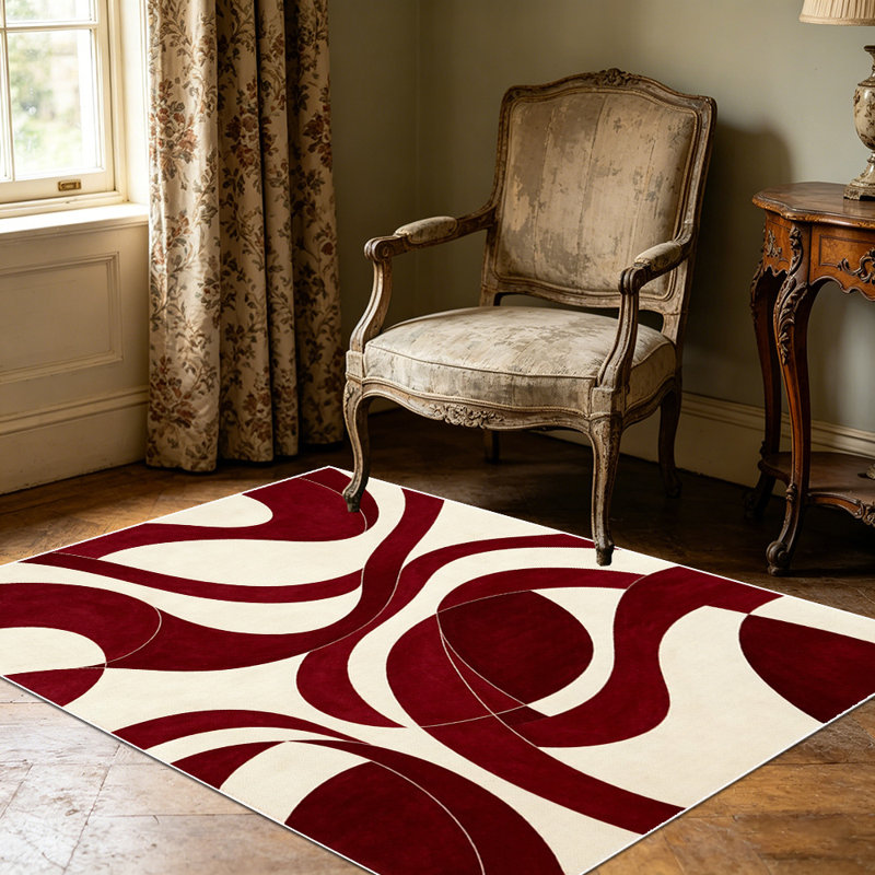 1PC Burgundy & Cream Wave Abstract Swirl Pattern area rugs for Living Room, Soft and Comfortable, Suitable for all seasons, easy-to-maintain, machine washable Indoor floor mat, Under Table Farmhouse suitable for dining room, bedroom, entryway,...