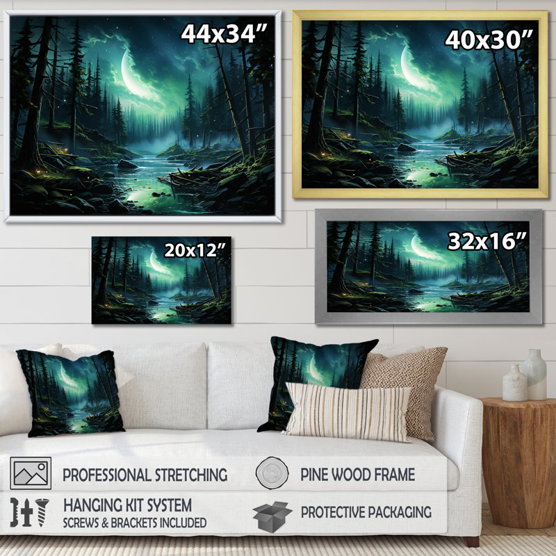 Northern Lights Forest Dreams II - forêt et rivière, art mural, Cadre d'angle fermé noir, H 44 po x l 34 po x P 1,5 po