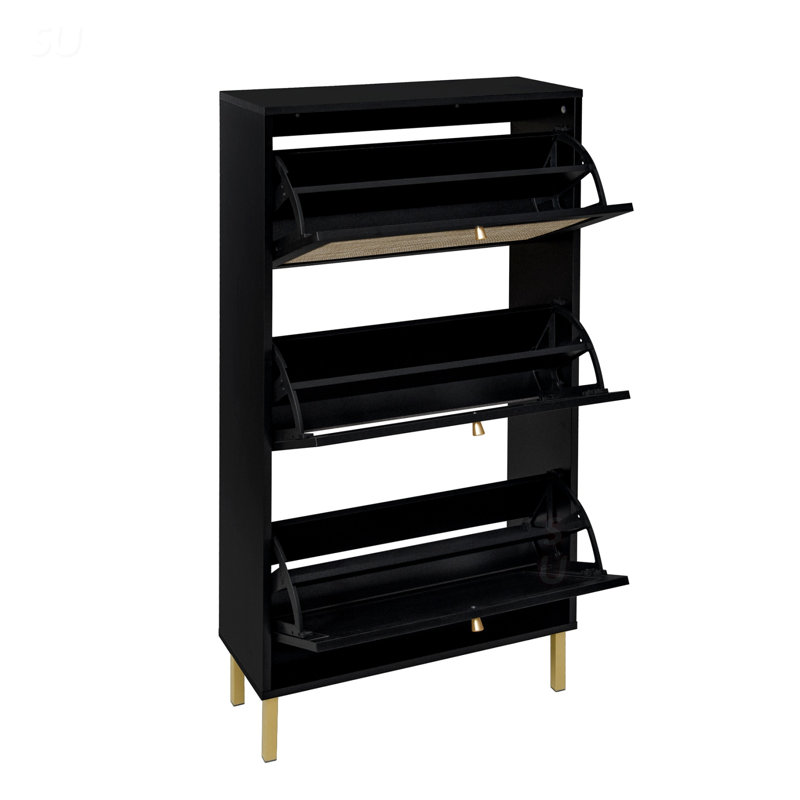 Rattan 3 Door Shoe Rack, Freestanding Modern Shoe Storage Cabinet With Durable And Moisture-Proof Design, Black
