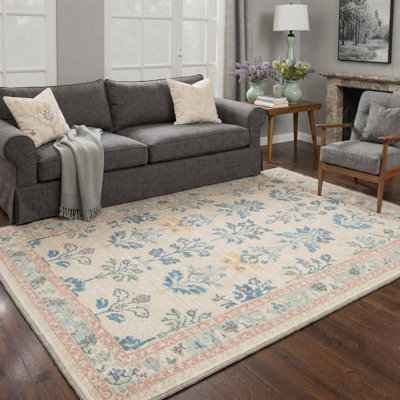 Allsop Verdure Vintage Floral Machine Washable Beige / Blue / Pink Indoor Area Rug with Non-Slip Backing