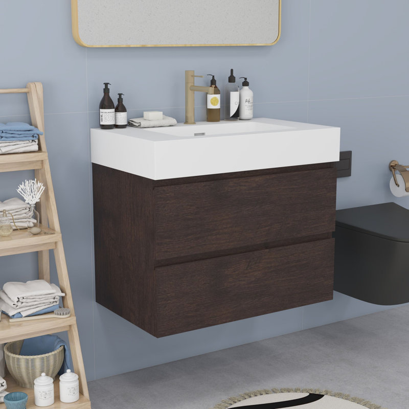 Meuble-lavabo moderne avec lavabo, Noyer, Blanc