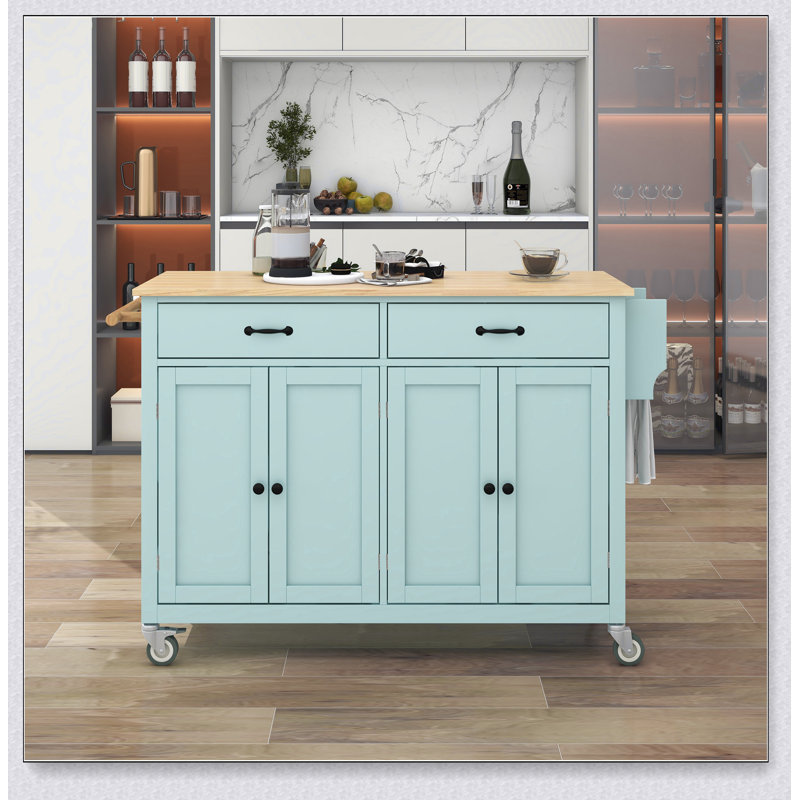 Chariot pour îlot de cuisine avec plateau en bois massif et roulettes verrouillables, armoire à 4 portes et tiroirs