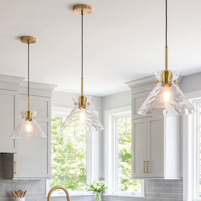 10" Modern Brass Hammered Glass Pendant Light,  Dimmable Single Hanging Light with Adjustable Cord
