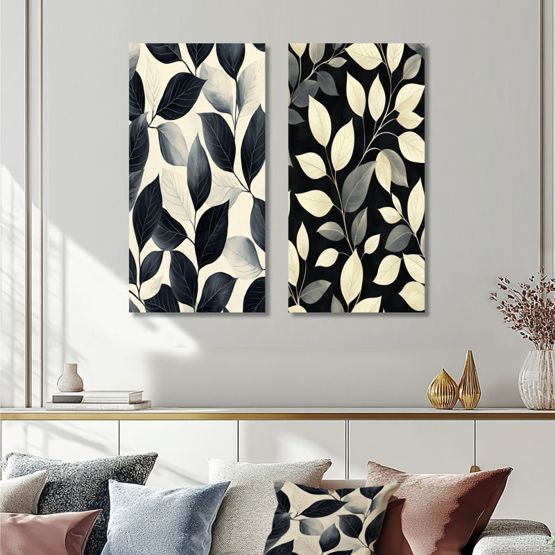 Feuilles noires et beiges douces I - art mural floral 2 panneaux, H 28 po x l 25 po, Toile tendue