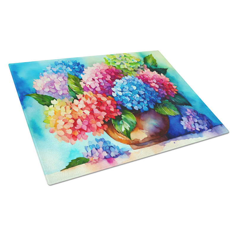 Hydrangeas in Watercolor Glass Cutting Board Large