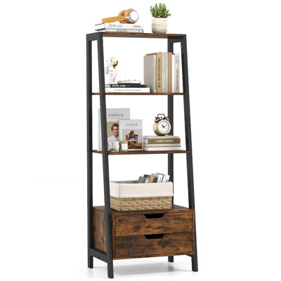 Étagère échelle à 4 niveaux avec 2 tiroirs, tablette de rangement autoportante, hauteur 133 cm, structure en bois d'ingénierie et métal, brun rustique