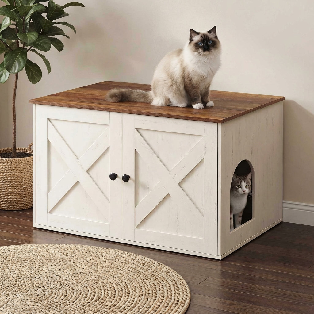 Tucker Murphy Pet Litter Box Enclosure - Honey Brown/Rustic White Cat Furniture