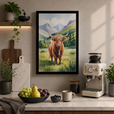 Highland Cattle in Valley Rustic 1 Piece Wrapped Canvas Wall Art