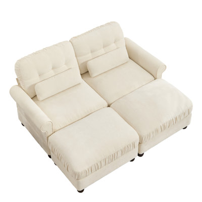 Canapé 2 places en chenille de 176 cm avec 2 poufs assortis, bords d'assise froncés, accoudoirs arrondis et coussins lombaires, coussins fermes et moelleux, ensemble de canapé deux places capitonné pour salon et chambre