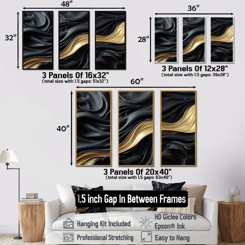 Ensemble de salon doré et noir Soft Wave Fusion - formes abstraites, Cadre flottant doré, H 40 po x l 60 po x P 1 po