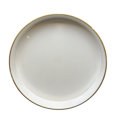 Benzara Mimosa 10 Inch Round Serving Tray with Gold Accented Trim Glossy White Plastic