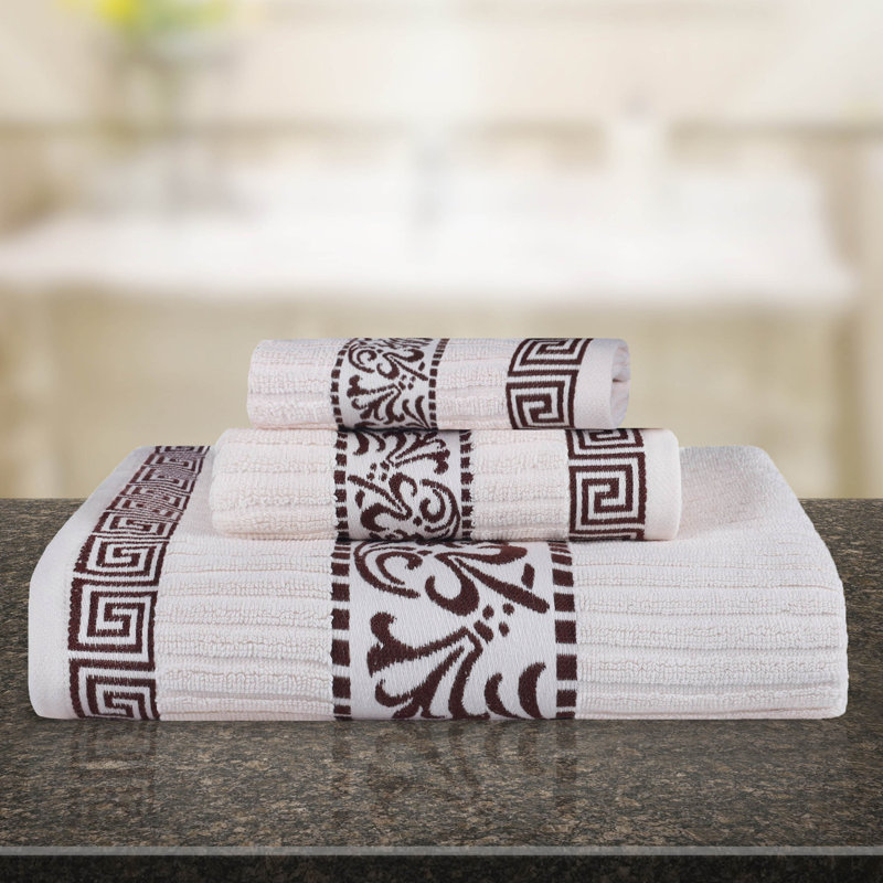 Jiro Athens 100% Cotton Medium Weight Floral Border Assorted Towel Set, Ivory/Chocolate