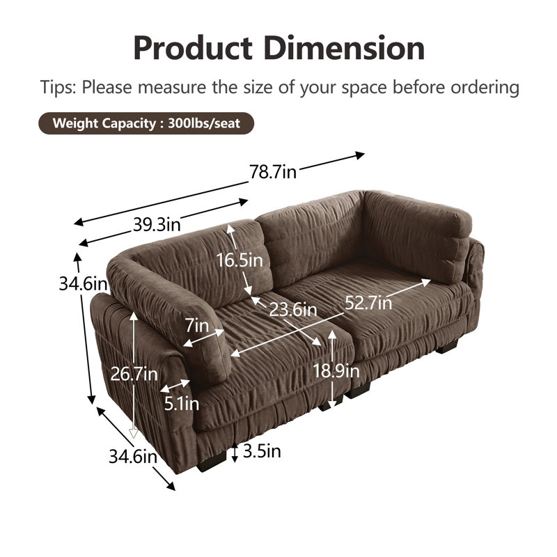Canapé d'angle modulaire deux places en chenille à détails froncés, mousse haute densité, coussins de dossier épais en forme de L, montage facile, pour salon et chambre.