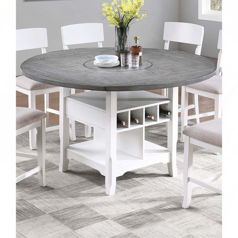 Table de salle à manger blanche / grise à hauteur de comptoir avec tablette de rangement intégrée, Blanc, Gris