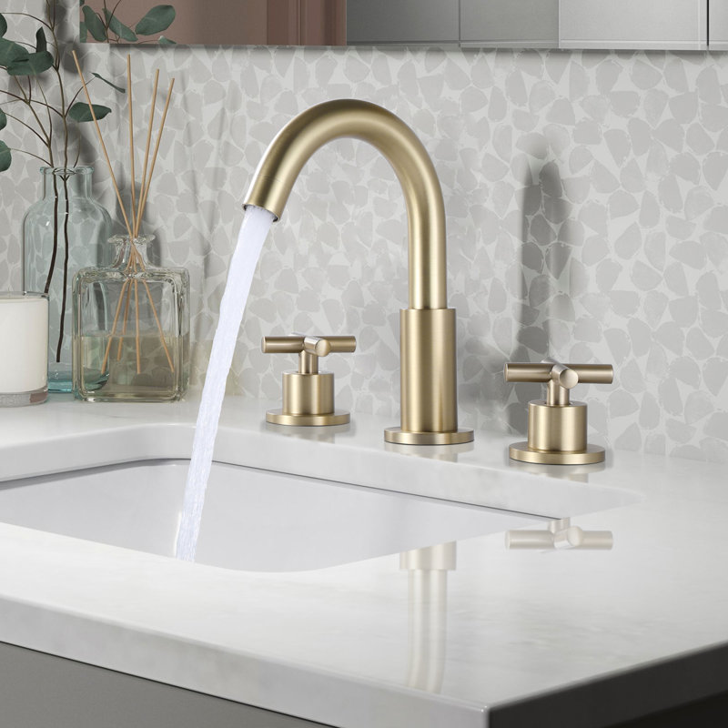 8-2/5" Solid Brass Two Handle Widespread Bathroom Sink Faucet With Drain Assembly, Brushed Gold, Cross Handle