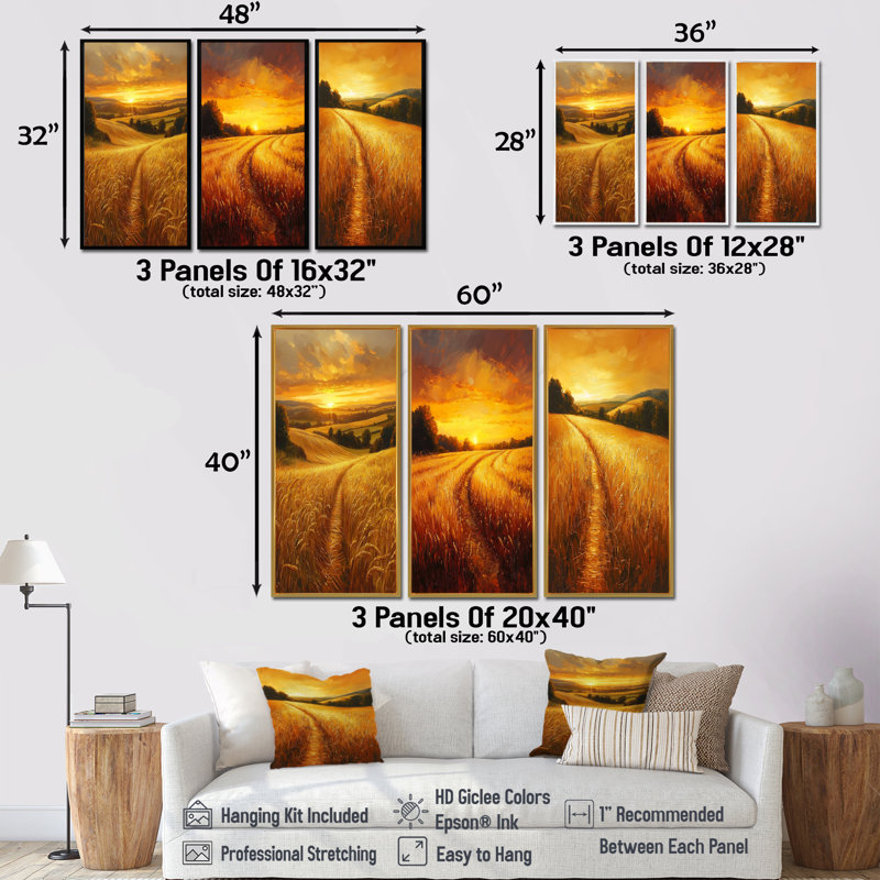 Campagne, champs dorés au coucher du soleil I - Collection d'art mural campagne, H 28 po x l 36 po, Toile tendue
