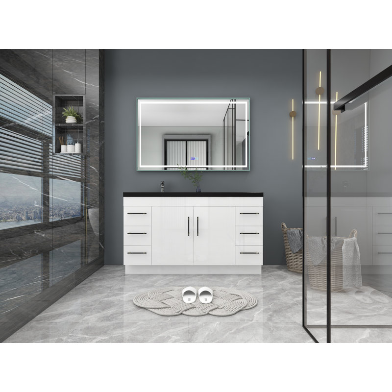 Ensemble de meuble-lavabo simple 60 po Campea, Blanc ultrabrillant, Noir mat