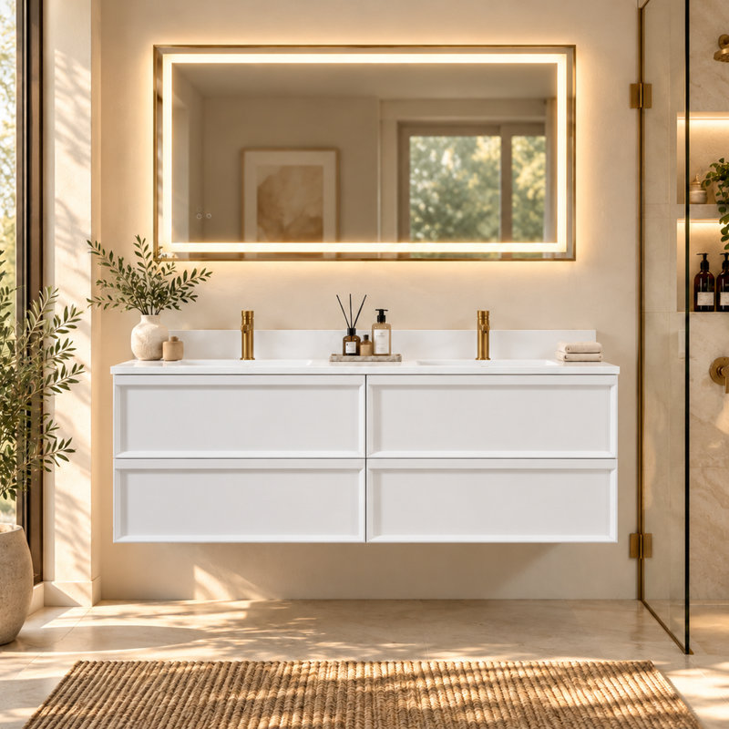 Meuble-lavabo double flottant mural de 60 po, armoire en placage de bois d'ingénierie en contreplaqué, double lavabo intégré à surface solide blanche, 4 tiroirs de rangement à fermeture en douceur