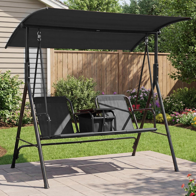 Balancelle pour 2 personnes avec porte-gobelets, table de rangement pivotante et sac isotherme, auvent réglable, structure en acier pour la cour arrière, balcon, bord de piscine