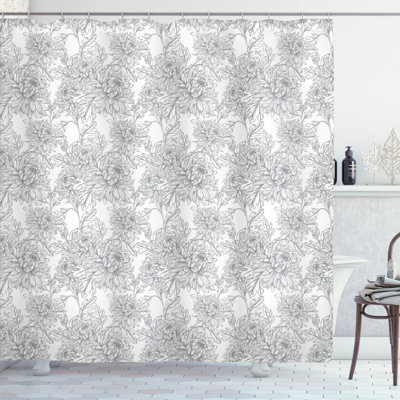 Latitude Run® Grey and White Shower Curtain Chrysanthemum Twigs Pale Grey White