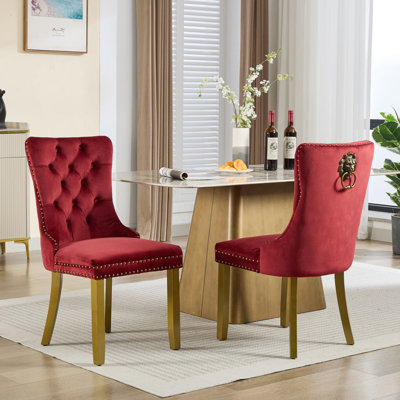 Chaises de salle à manger contemporaines de style moderne du milieu du siècle, ornées d'une tête de lion et d'un anneau de traction, couleur bourgogne (lot de 2), revêtues de velours, pieds en hévéa massif, confortables, coussins haute résilience, structure double en bois doré