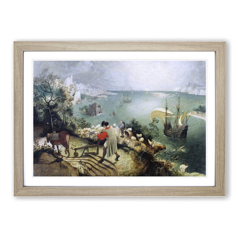 The Fall of Icarus by Pieter Bruegel the Elder - Picture Frame Painting on MDF, Oak, 48cm H x 65cm W x 2cm D