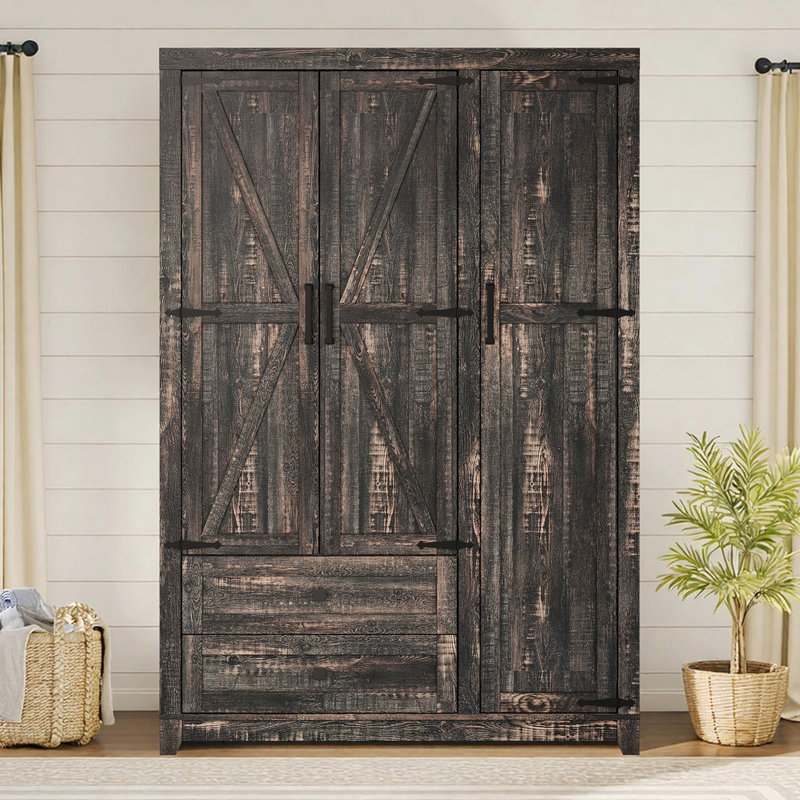 Armoire-penderie à 3 portes Bichock 70 po avec 2 tiroirs et tringle, chêne foncé, Chêne foncé