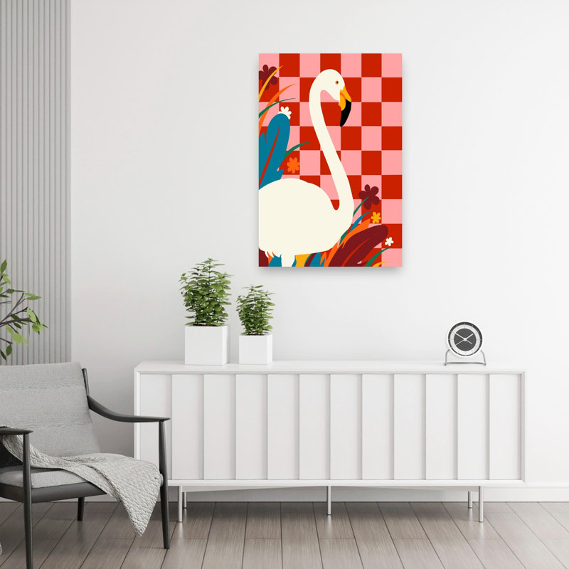 Flamingo Checkerboard Garden Bold Contemporary Modern Bird Wildlife Wall Art Print 1 Piece Wrapped Canvas Wall Art