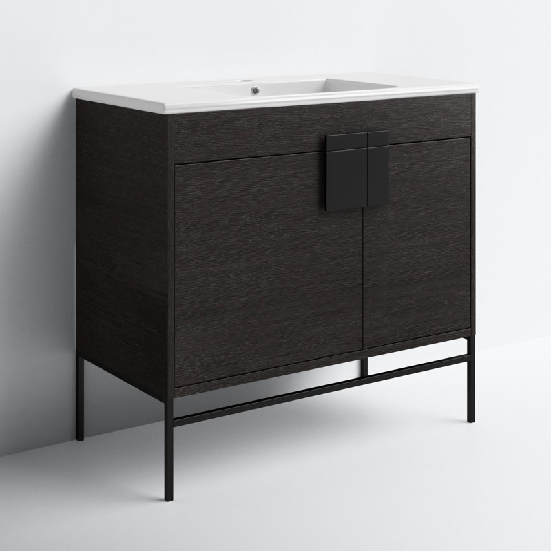 Maisie 36'' Single Bathroom Vanity with Ceramic Top, Black Matte, Black Oak Straight Grain