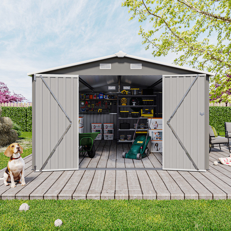 Campcraft 10×14 FT Outdoor Storage Shed, Metal Utility Tool Shed with 3 Lockable Doors, 4 Air Vents & Sloped Roof, Light Grey for Backyard, Patio, Lawn