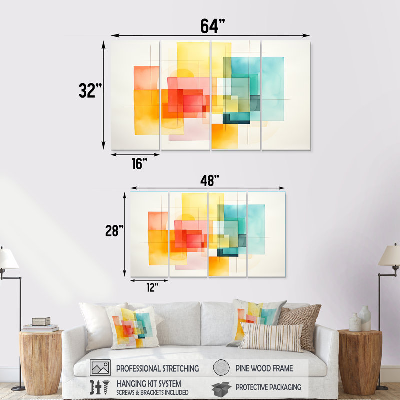 Multicolor Cubes Patterns I - Abstract Geometric, art mural 4 pièces, H 28 po x l 48 po