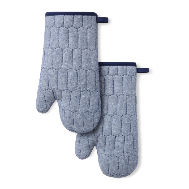 MARTHA STEWART Honeycomb Quilted Chambray Oven Mitt 2-Pack Set  7"x13", Navy Blue