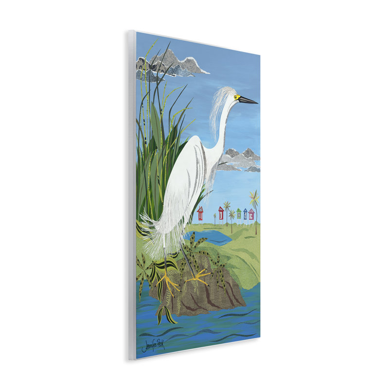 "Aigrette perchée sur le rivage" par Jennifer Peck, H 19 po x l 13 po