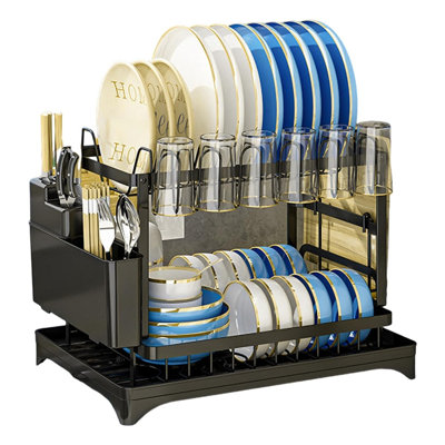 Double Layer Rustproof Dish Drying Rack with Drain Tray