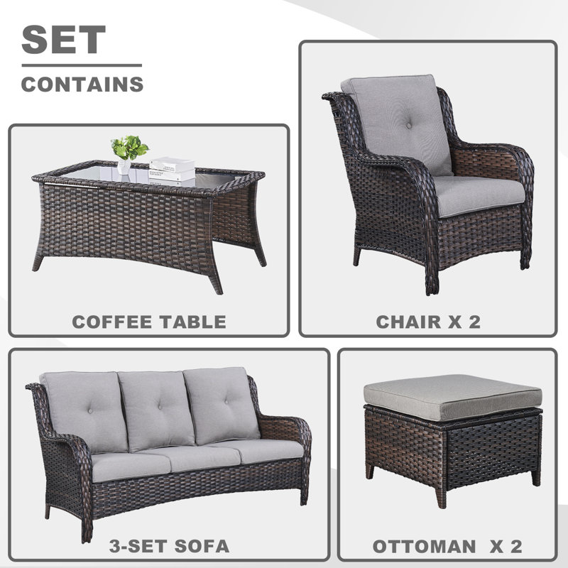 Bonia Wicker 5 - Person Patio Conversation Set with Cushions, Brown Frame/Gray Cushion