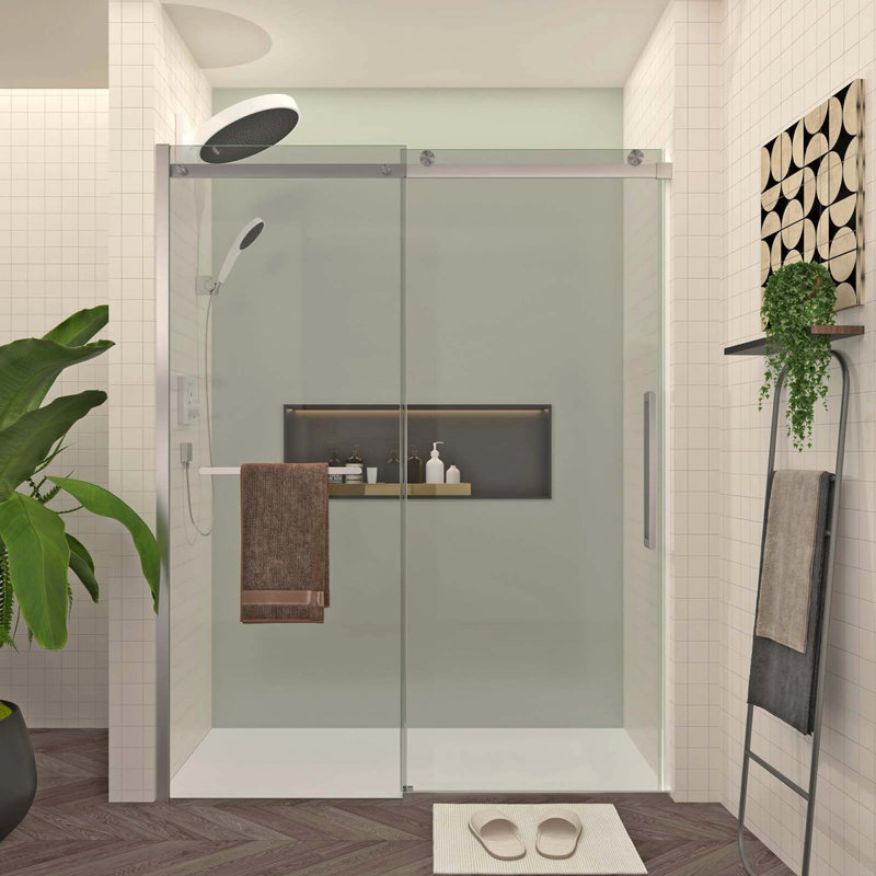 Porte de douche coulissante H 76 po, porte de douche en verre sans cadre 8 mm, Réversible, Nickel brossé