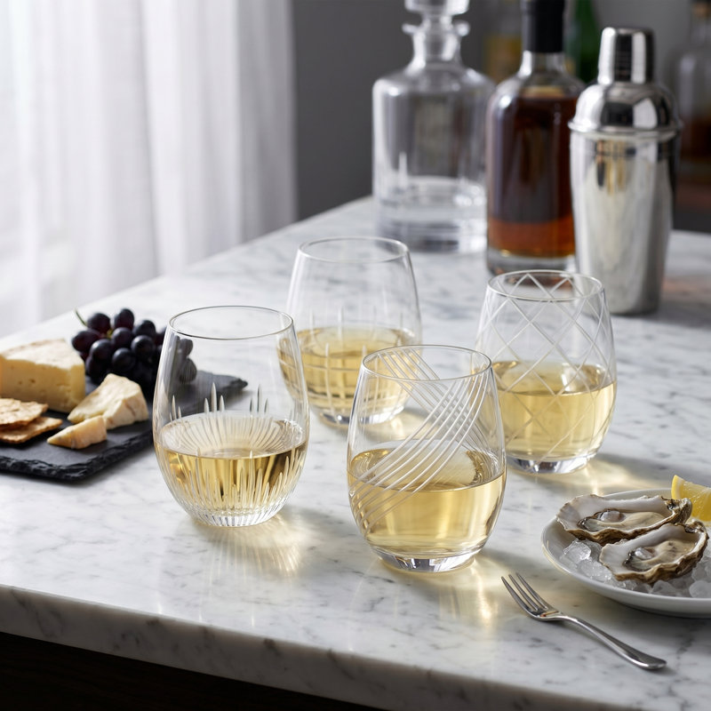 4-Piece Stemless Etched Drinking Red Wine Glasses