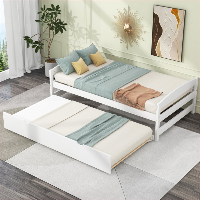 Small Space Guest Or Bedroom Twin Size Platform Bed Solid Pine Construction White-toned With Pull Out Trundle