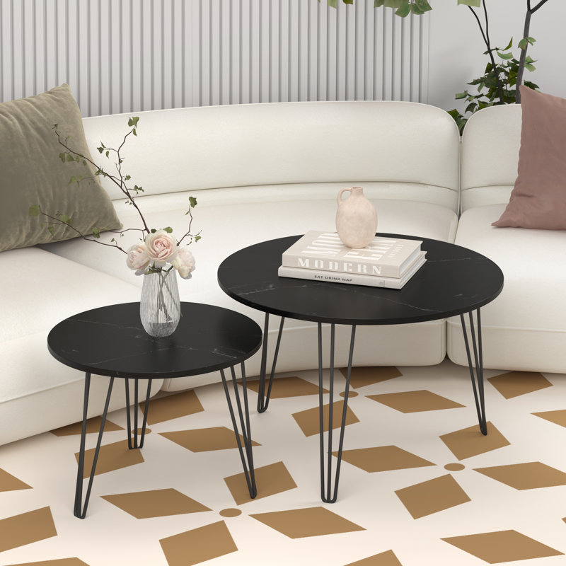 Ensemble de 2 tables basses gigognes rondes 27,56 po, ensemble de tables de bout gigognes circulaires, Black