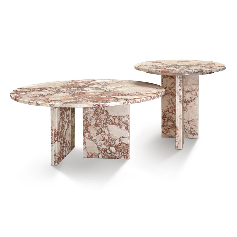 Blush pink marble nesting coffee table set with round tables, versatile living room centerpiece in minimalist style