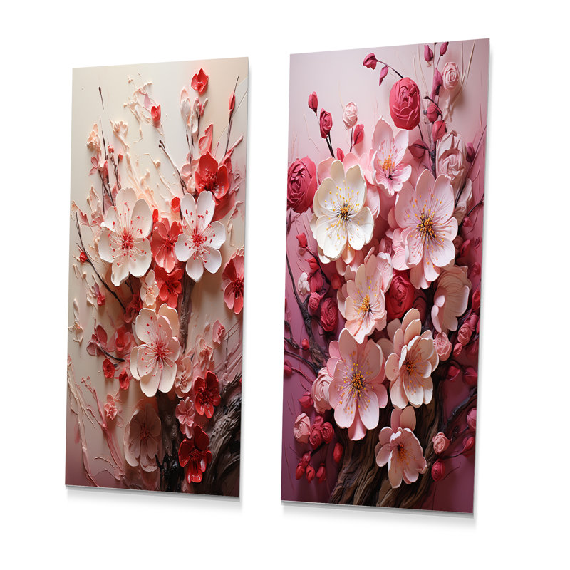 «Pink Orchard Tree Ballet Of Cherry Blossoms I», ensemble de 2 reproductions d'art en métal cerise, H 32 po x l 32 po