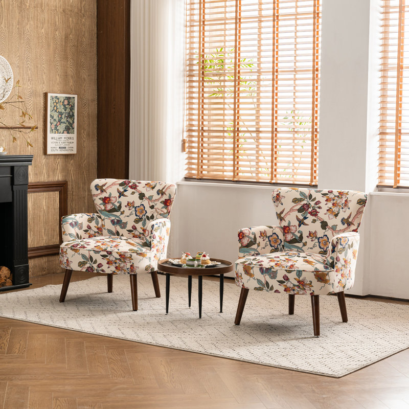 Upholstered Mid Century Modern Accent Armchair with Solid Wood Legs, Beige