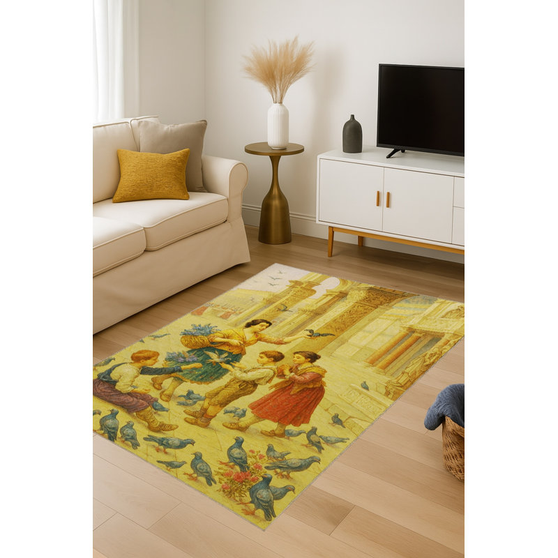 Tapis beige tissé à motif floral lavable Mosso, 2' x 2'11"