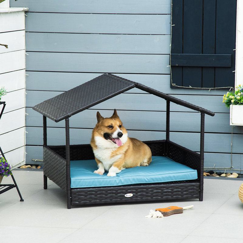 Lit surélevé pour animaux de compagnie - avec coussin amovible bleu pour l'intérieur et l'extérieur
