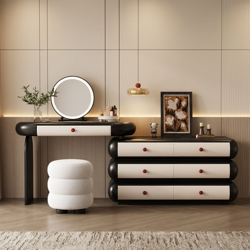 Ensemble coiffeuse modulaire 2 en 1, comprenant une coiffeuse séparée et une commode à 6 tiroirs, bureau de maquillage incurvé noir et blanc avec poignées rouges pour chambre à coucher