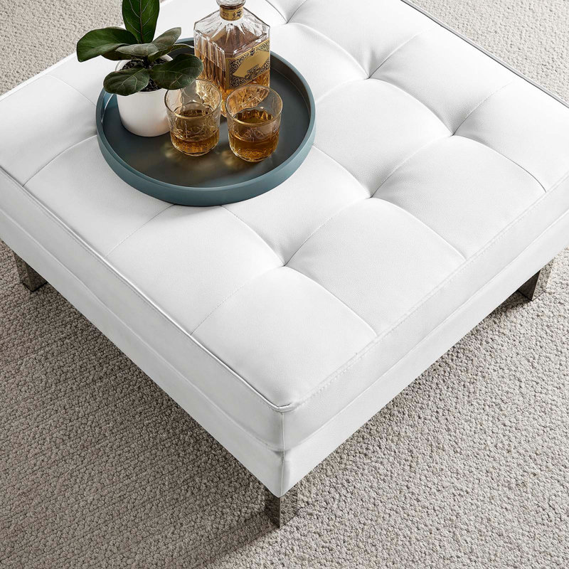 Loft Tufted Vegan Leather Ottoman, White Faux Leather