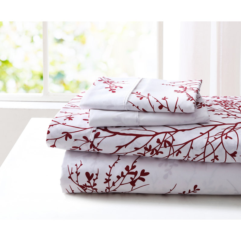 Foliage Microfiber Floral Sheet Set, Ivory/Burgundy, King Sheet with Fitted Sheet and 2 Pillowcases