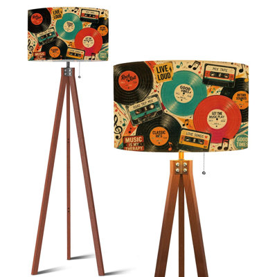 Lampe sur pied vintage avec citrouille souriante entourée de fleurs, crânes et chauves-souris, télécommande, DEL à intensité variable, pieds en hêtre, abat-jour tambour amovible en lin, idéal pour salon, chambre ou bureau.